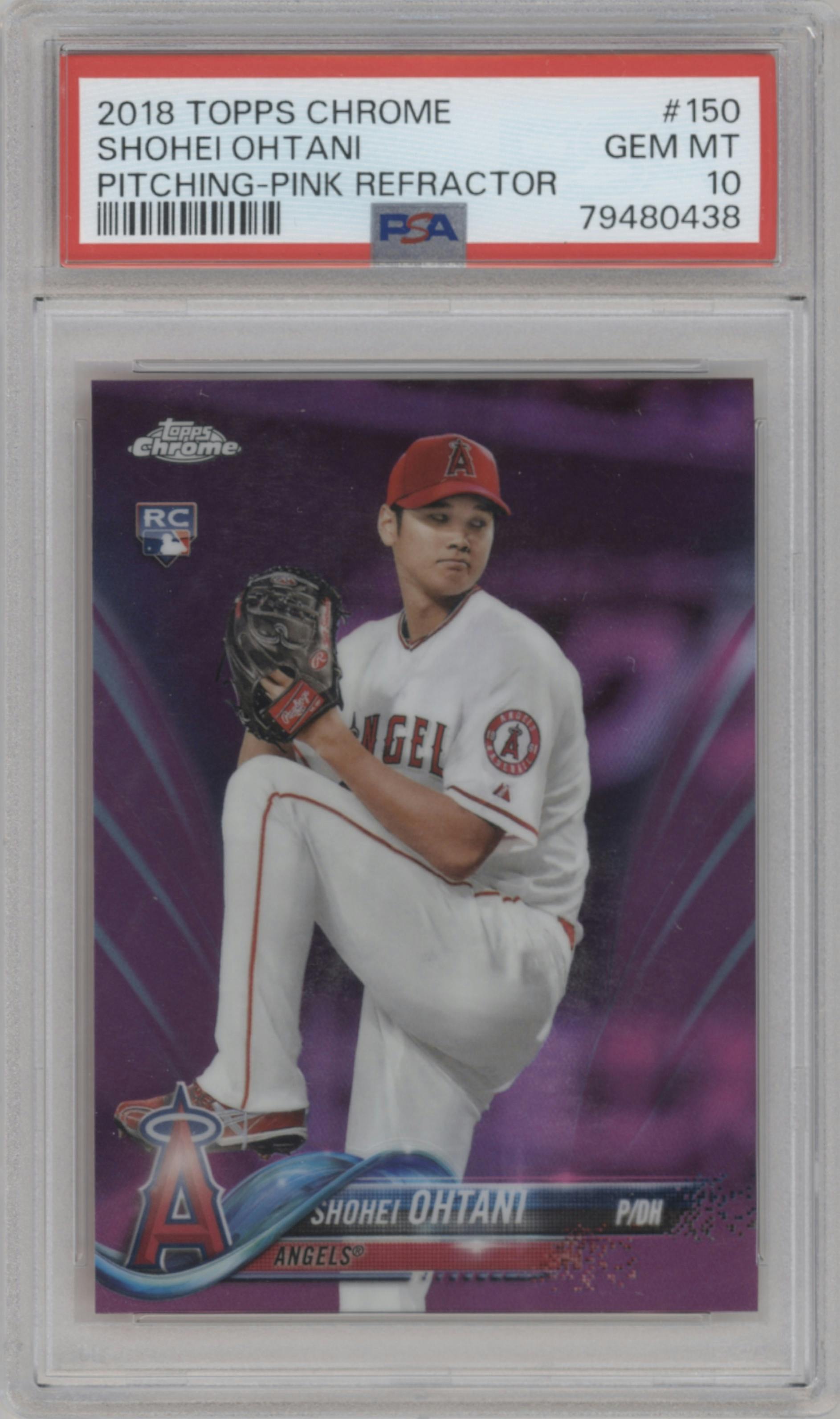 Shohei Ohtani from the 2018 Topps Chrome set featuring a Pink Refractor parallel graded by PSA and given an overall grade of 10.