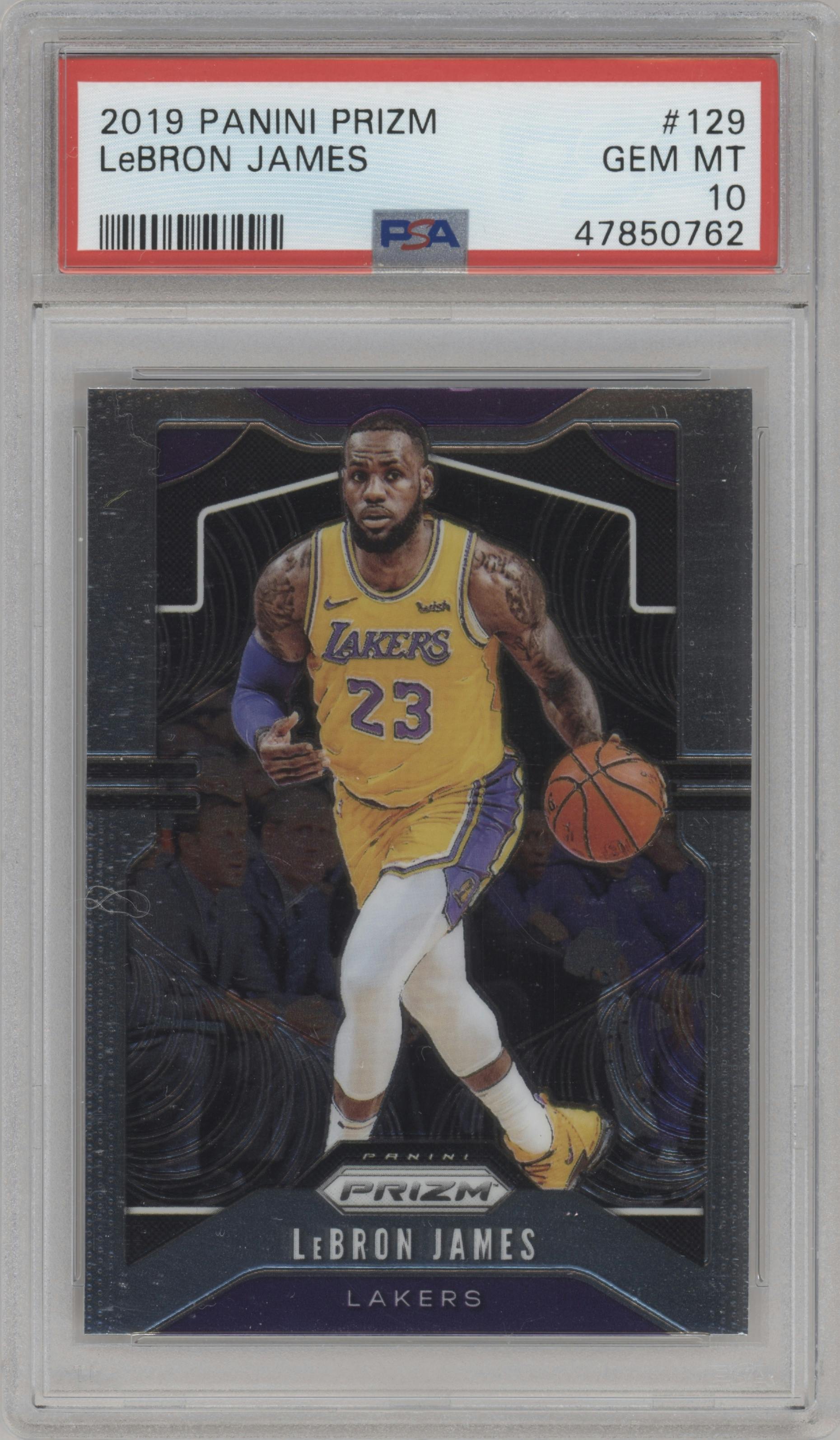 LeBron James from the 2019-20 Panini Prizm set graded by PSA and given an overall grade of 10.