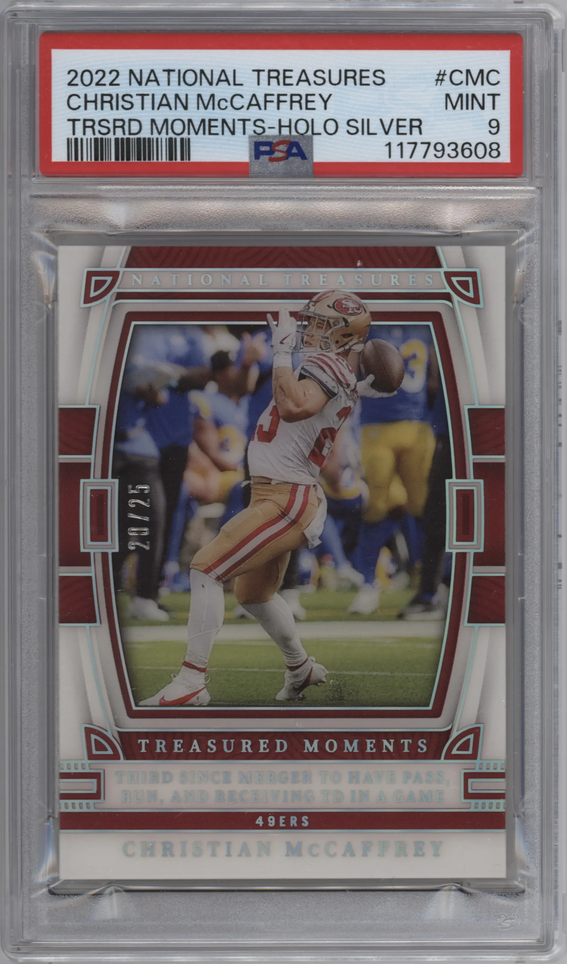 2022 Panini National Treasures Treasured Moments Christian McCaffrey Holo Silver PSA 9
