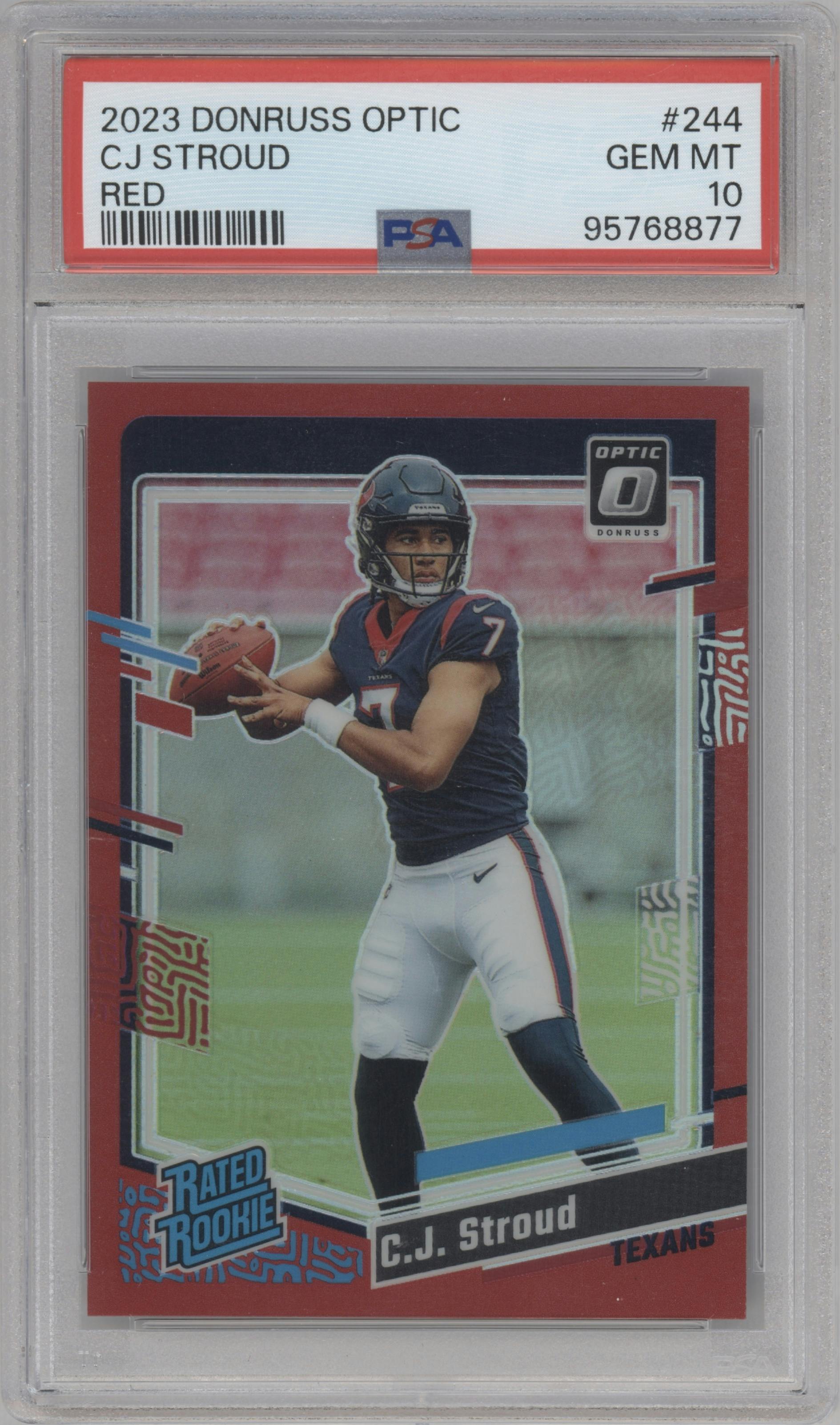 C.J. Stroud from the 2023 Donruss Optic set featuring a Red parallel graded by PSA and given an overall grade of 10.