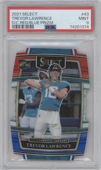 Trevor Lawrence from the 2021 Panini Select set featuring a Die-Cut Red/Blue  parallel graded by PSA and given an overall grade of 9.