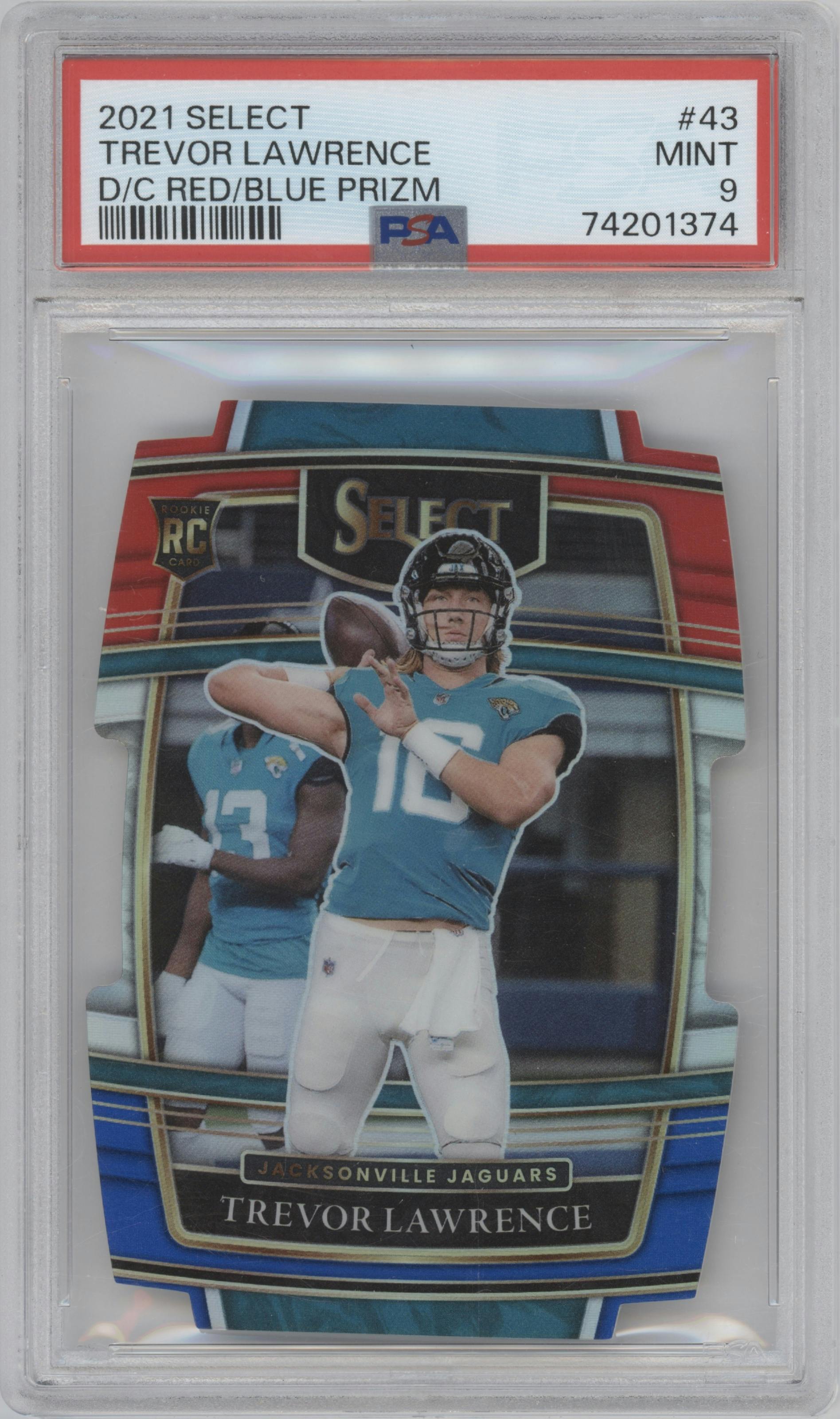 Trevor Lawrence from the 2021 Panini Select set featuring a Die-Cut Red/Blue  parallel graded by PSA and given an overall grade of 9.