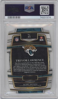 Trevor Lawrence from the 2021 Panini Select set featuring a Die-Cut Red/Blue  parallel graded by PSA and given an overall grade of 9.