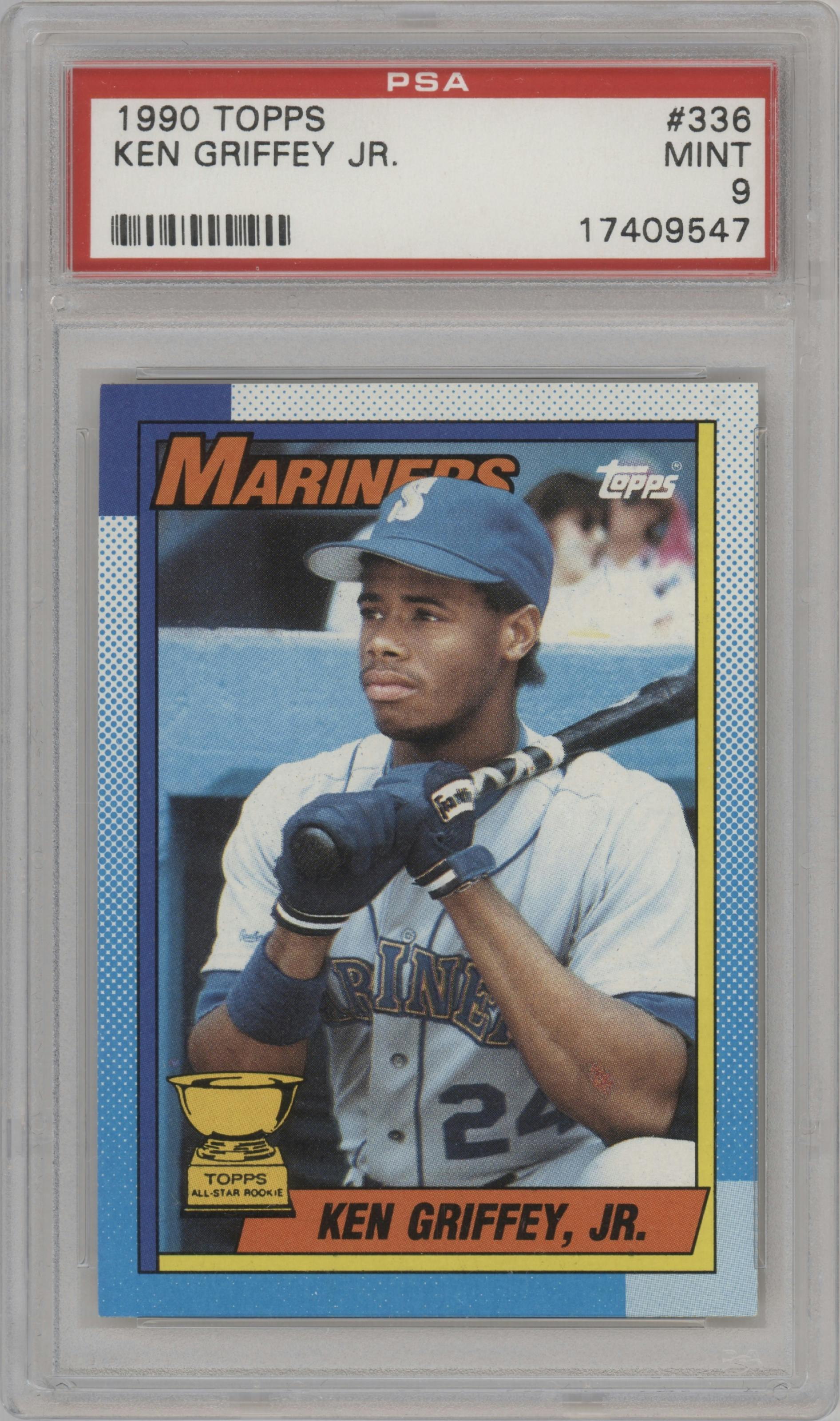 Ken Griffey Jr. from the 1990 Topps set graded by PSA and given an overall grade of 9.