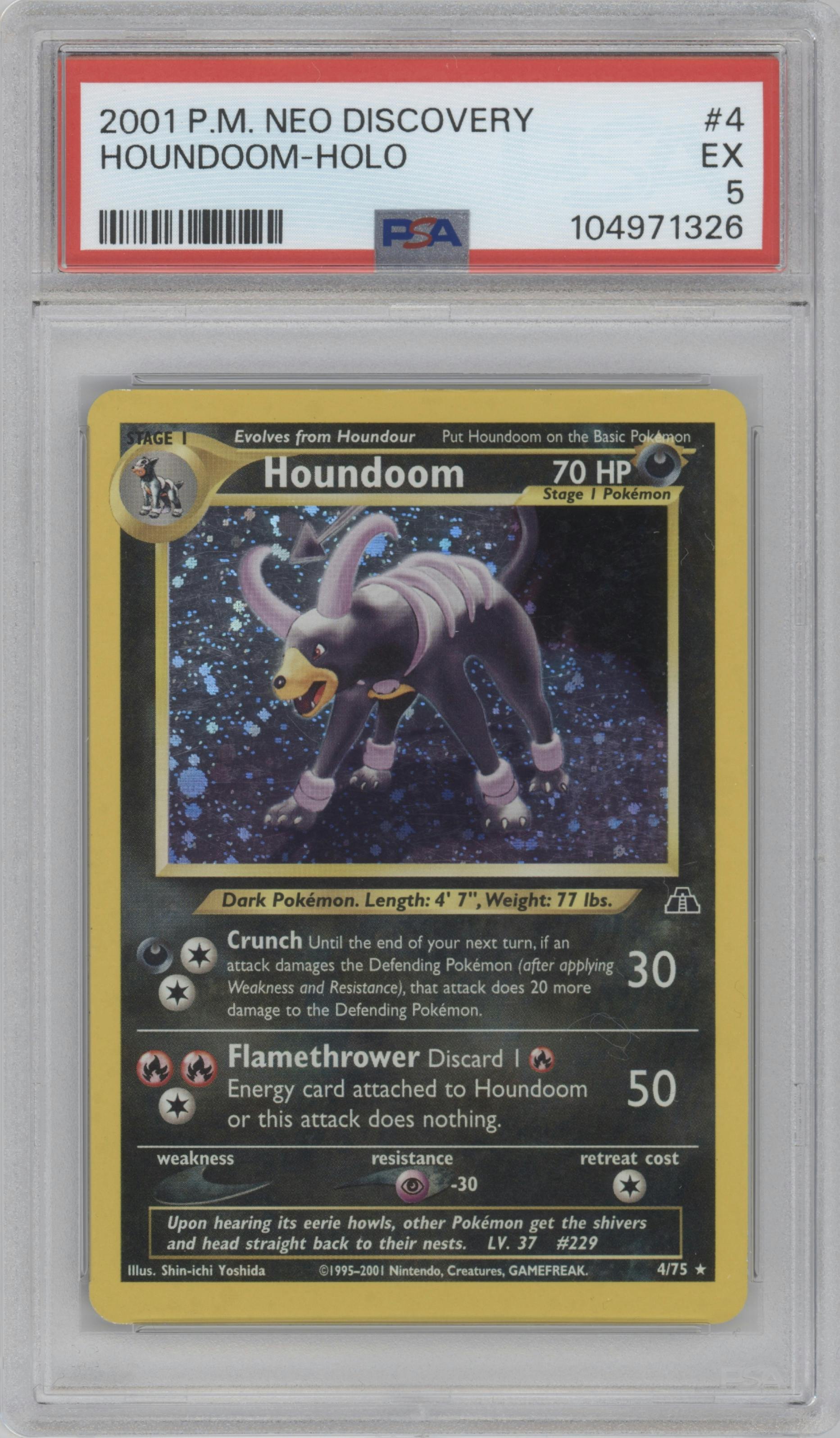 Houndoom from the 2001 Pokemon Neo Genesis set graded by PSA and given an overall grade of 5.