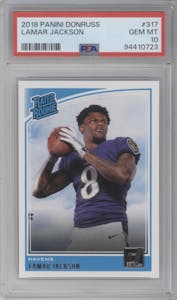Lamar Jackson from the 2018 Panini Donruss set graded by PSA and given an overall grade of 10.