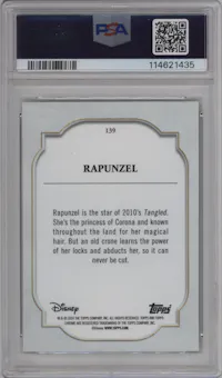 Rapunzel from the 2024 Topps Chrome Disney set featuring a SuperFractor parallel graded by PSA and given an overall grade of 10.