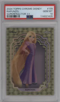 Rapunzel from the 2024 Topps Chrome Disney set featuring a SuperFractor parallel graded by PSA and given an overall grade of 10.