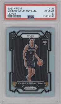 Victor Wembanyama from the 2023-24 Panini Prizm set featuring a Silver Prizm  parallel graded by PSA and given an overall grade of 10.