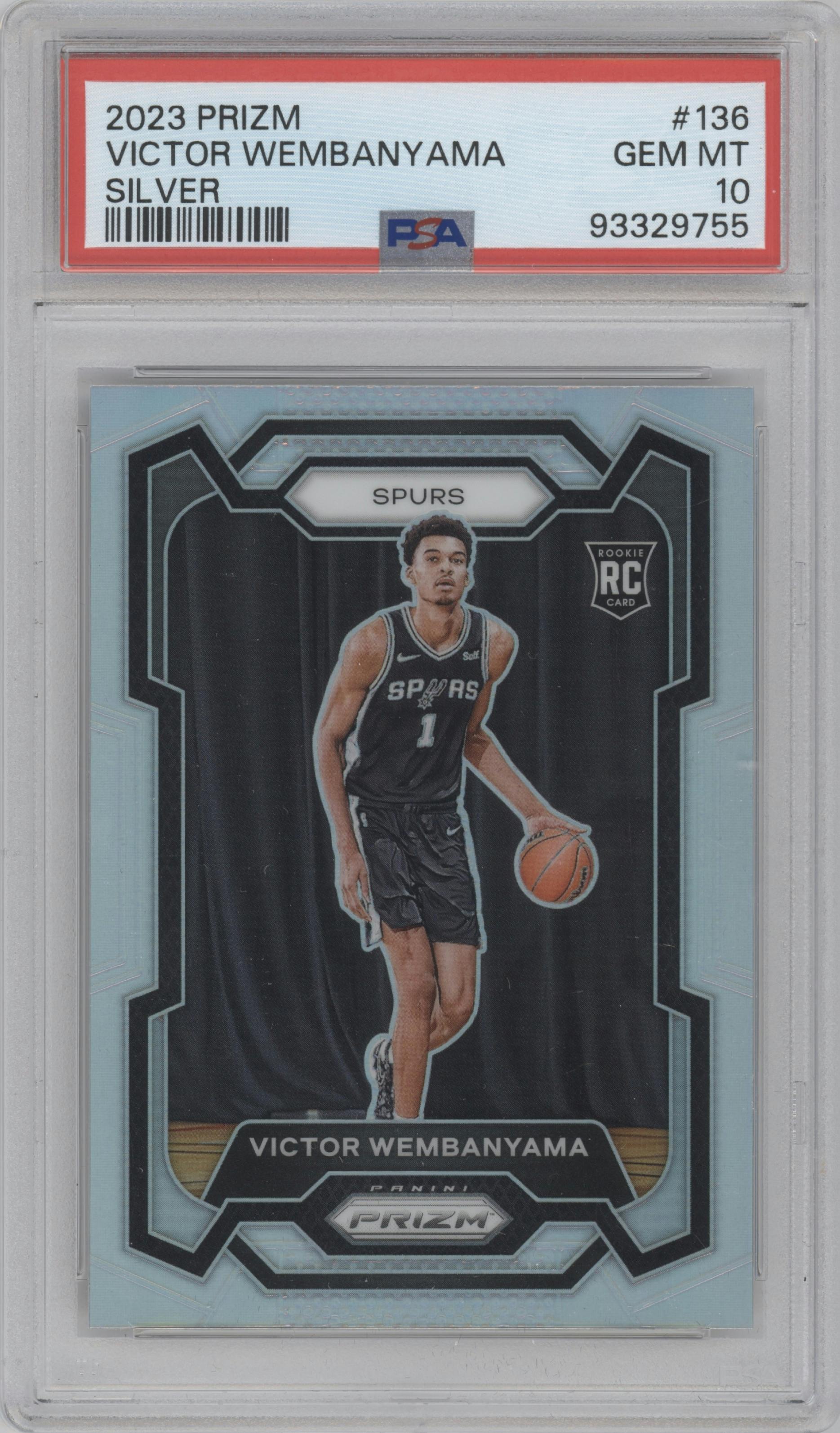 Victor Wembanyama from the 2023-24 Panini Prizm set featuring a Silver Prizm  parallel graded by PSA and given an overall grade of 10.