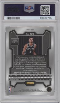 Victor Wembanyama from the 2023-24 Panini Prizm set featuring a Silver Prizm  parallel graded by PSA and given an overall grade of 10.