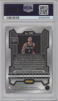 Victor Wembanyama from the 2023-24 Panini Prizm set featuring a Silver Prizm  parallel graded by PSA and given an overall grade of 10.