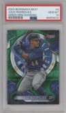 Julio Rodriguez from the 2023 Bowman's Best set featuring a Green Mini-Diamond Refractor parallel graded by PSA and given an overall grade of 10.