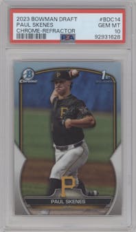 Paul Skenes from the 2023 Bowman Draft set featuring a Refractor parallel graded by PSA and given an overall grade of 10.