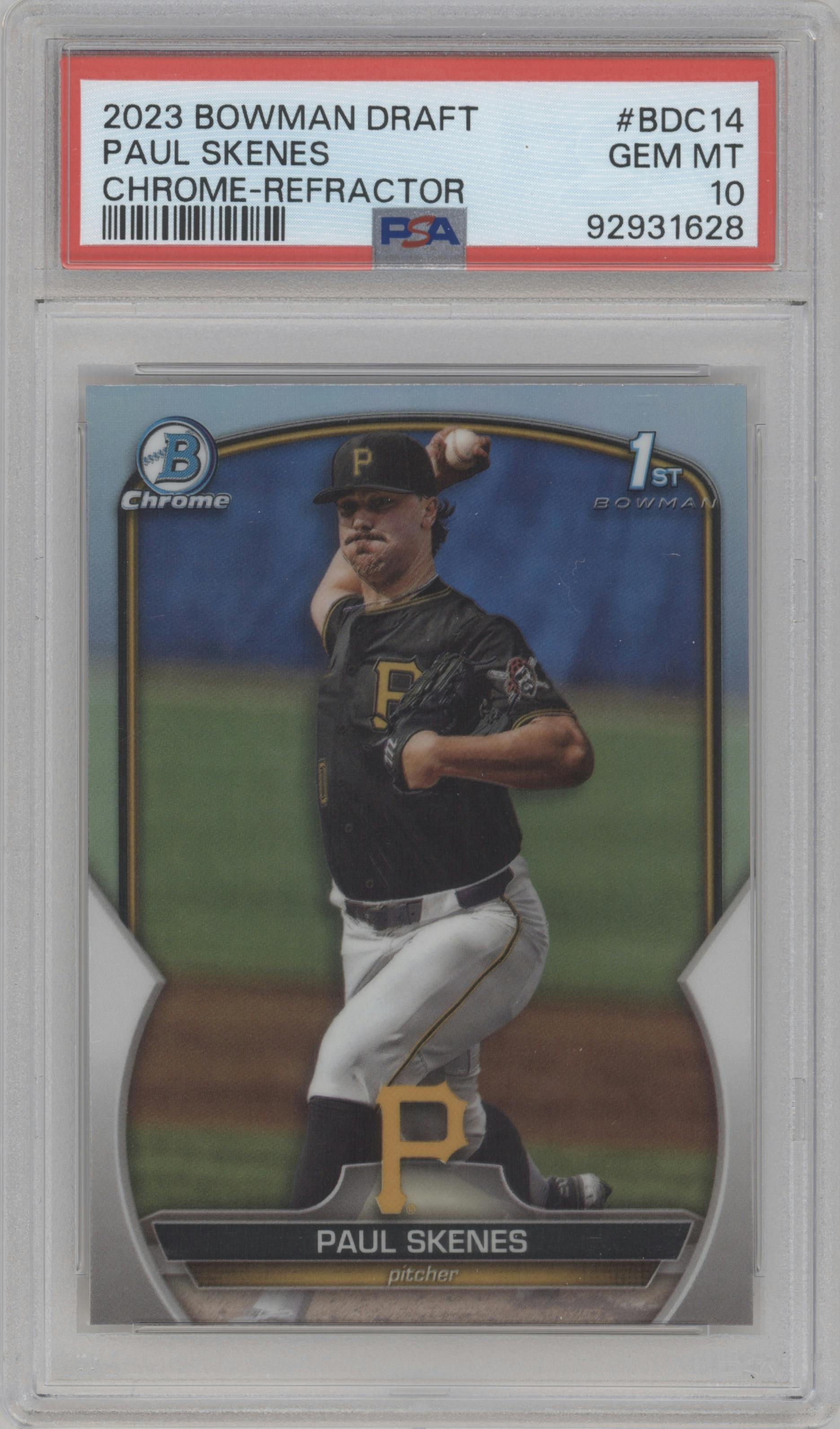 Paul Skenes from the 2023 Bowman Draft set featuring a Refractor parallel graded by PSA and given an overall grade of 10.