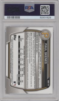 Paul Skenes from the 2023 Bowman Draft set featuring a Refractor parallel graded by PSA and given an overall grade of 10.