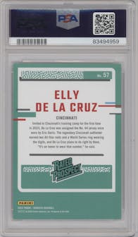 Elly De La Cruz from the 2023 Panini Donruss set featuring a Career Stat Line parallel graded by PSA and given an overall grade of 8.
