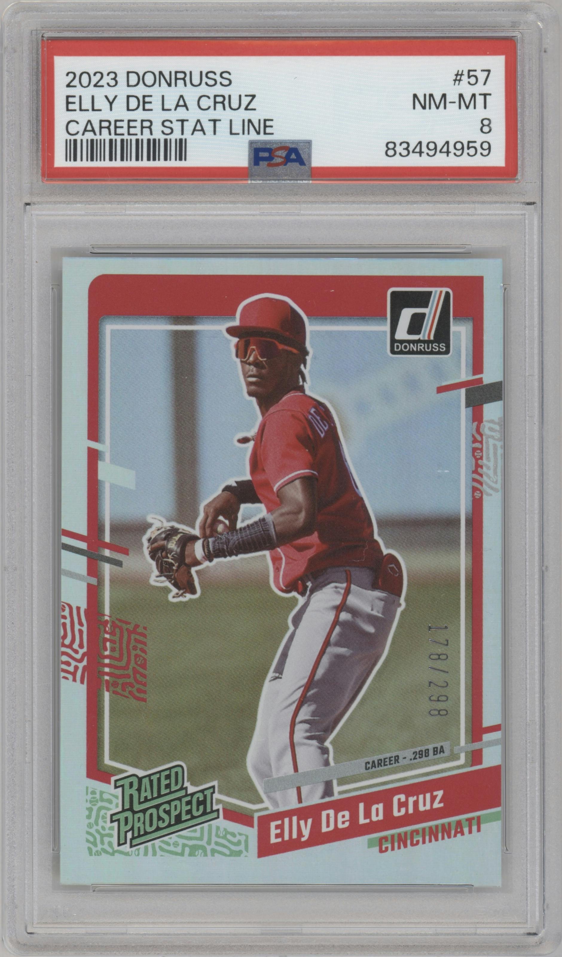 Elly De La Cruz from the 2023 Panini Donruss set featuring a Career Stat Line parallel graded by PSA and given an overall grade of 8.
