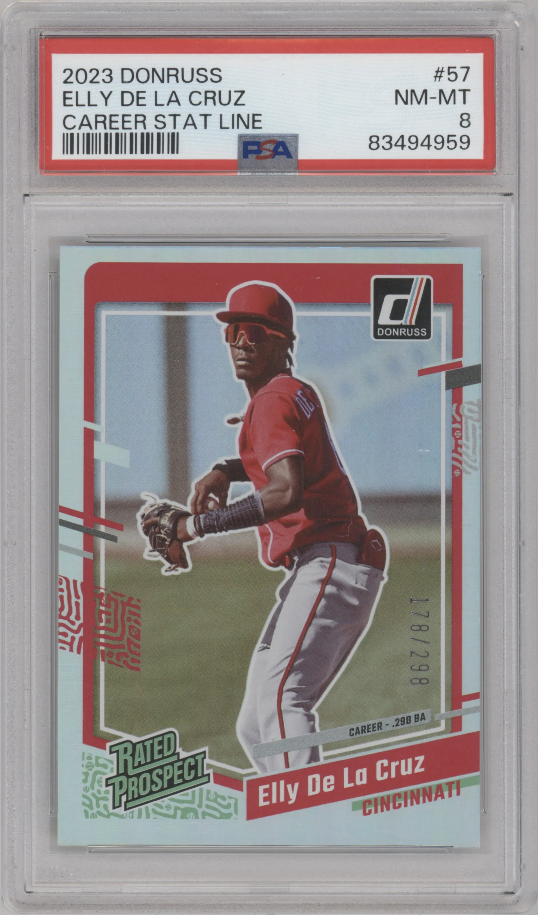 2023 Panini Donruss Rated Prospect Elly De La Cruz Career Stat Line #57 PSA 8