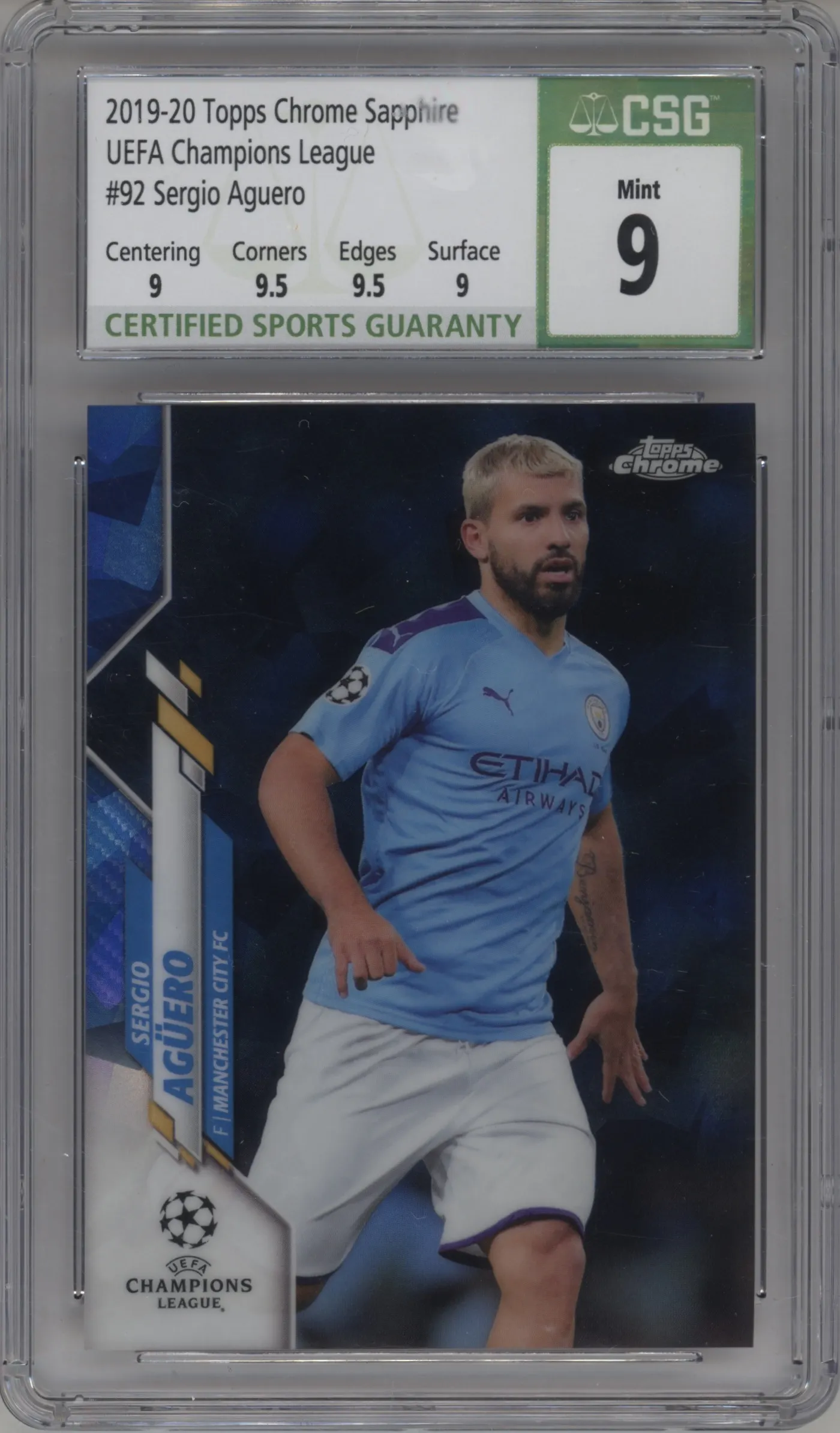 2019 Topps Chrome Sapphire Edition UEFA Champions League Sergio Aguero #92 CGC 9