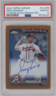 Greg Maddux from the 2024 Topps Chrome set featuring a Orange Refractor parallel graded by PSA and given an overall grade of 10.