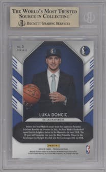 Luka Doncic from the 2018-19 Panini Prizm set featuring a Silver Prizm parallel graded by Beckett and given an overall grade of 9.5.