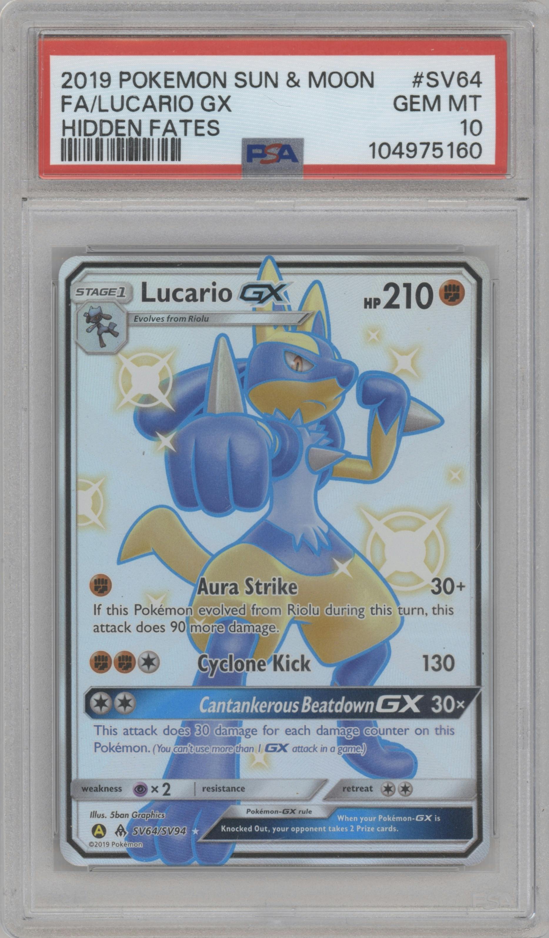 Lucario GX from the 2019 Pokemon S&M  set graded by PSA and given an overall grade of 10.