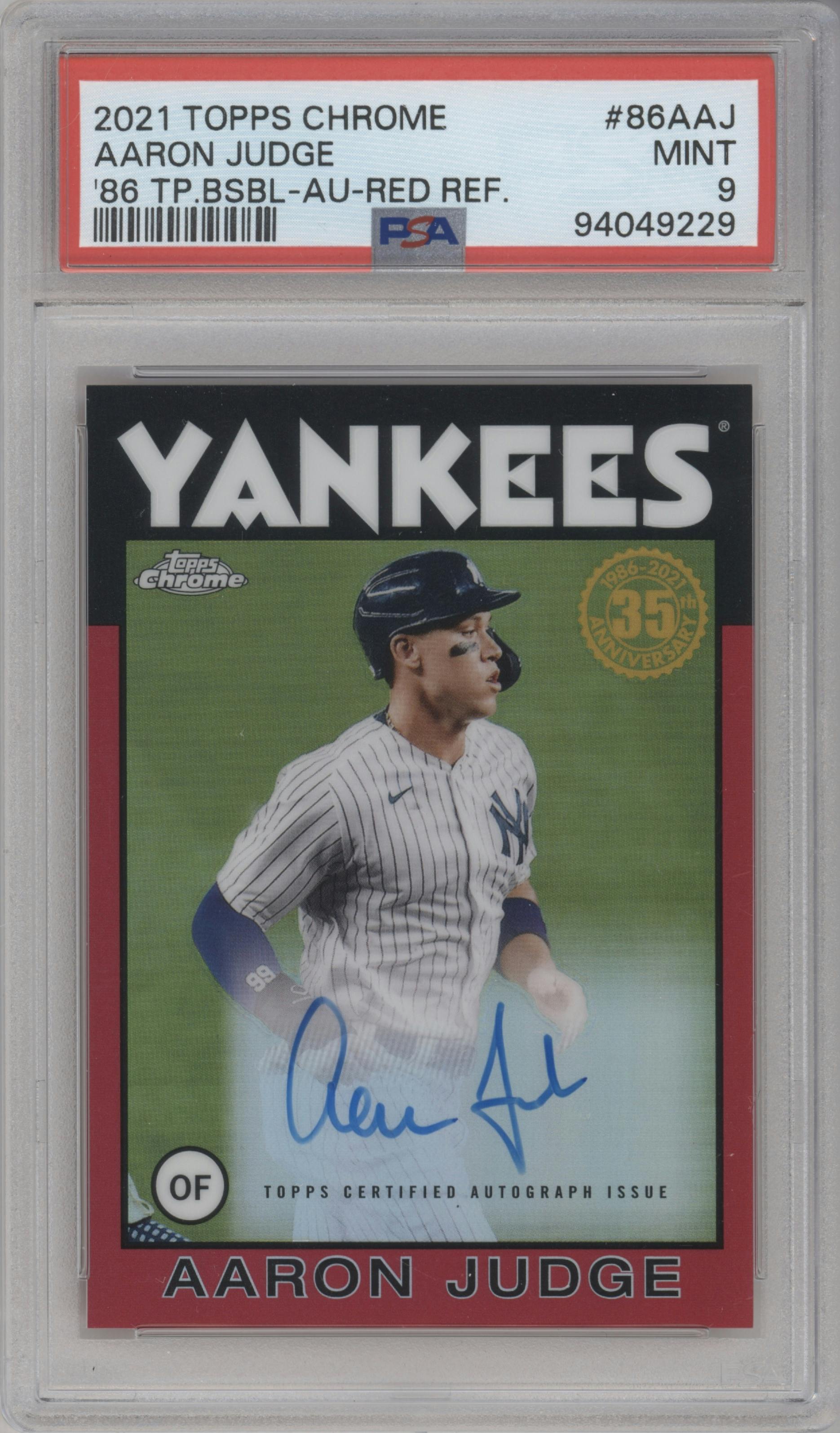 Aaron Judge from the 2021 Topps Chrome set featuring a Red Refractor parallel graded by PSA and given an overall grade of 9.