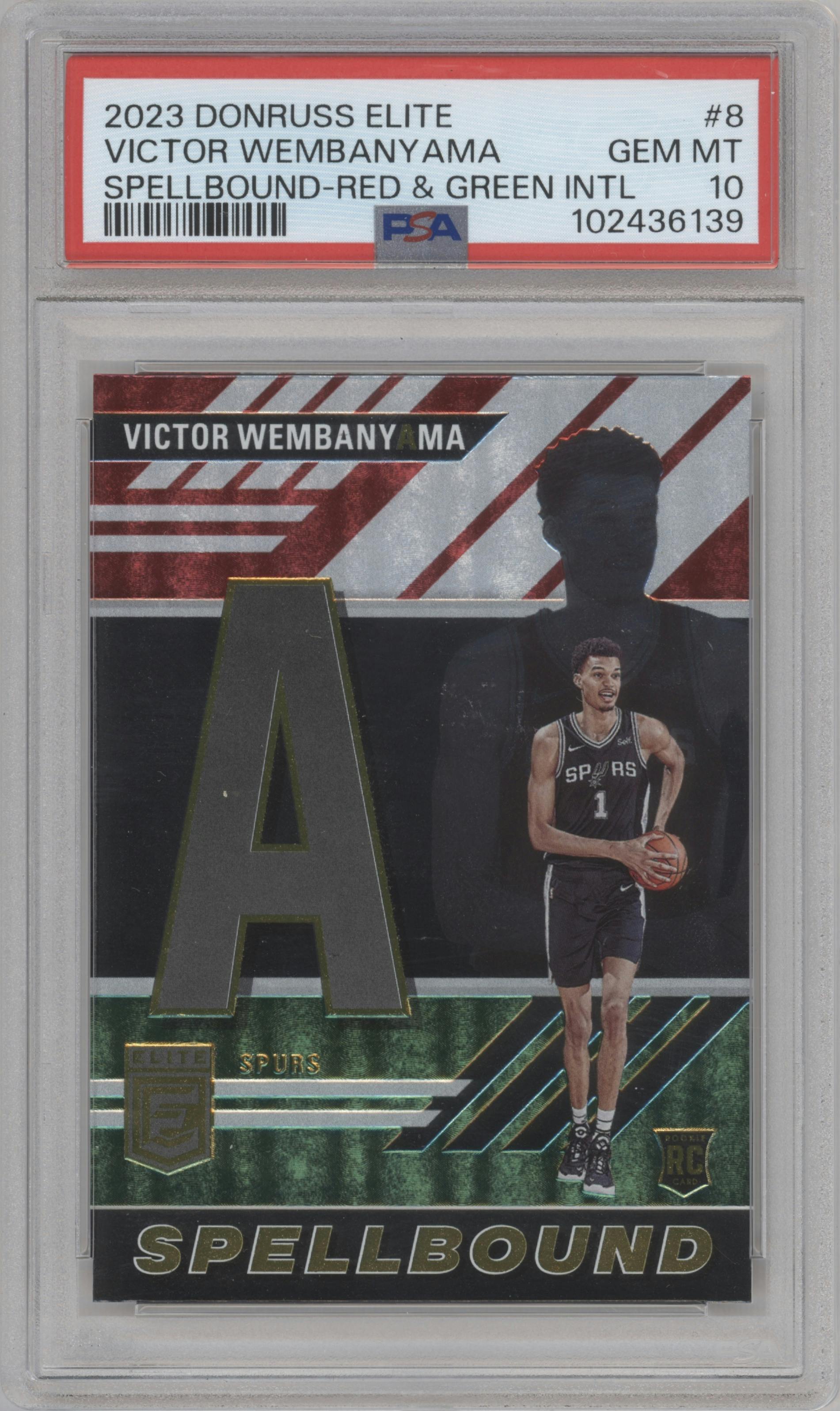 Victor Wembanyama from the 2023-24 Panini Donruss Elite set featuring a International Red and Green parallel graded by PSA and given an overall grade of 10.