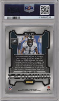 Jalen Hurts from the 2023 Panini Prizm set featuring a Green Prizm parallel graded by PSA and given an overall grade of 10.