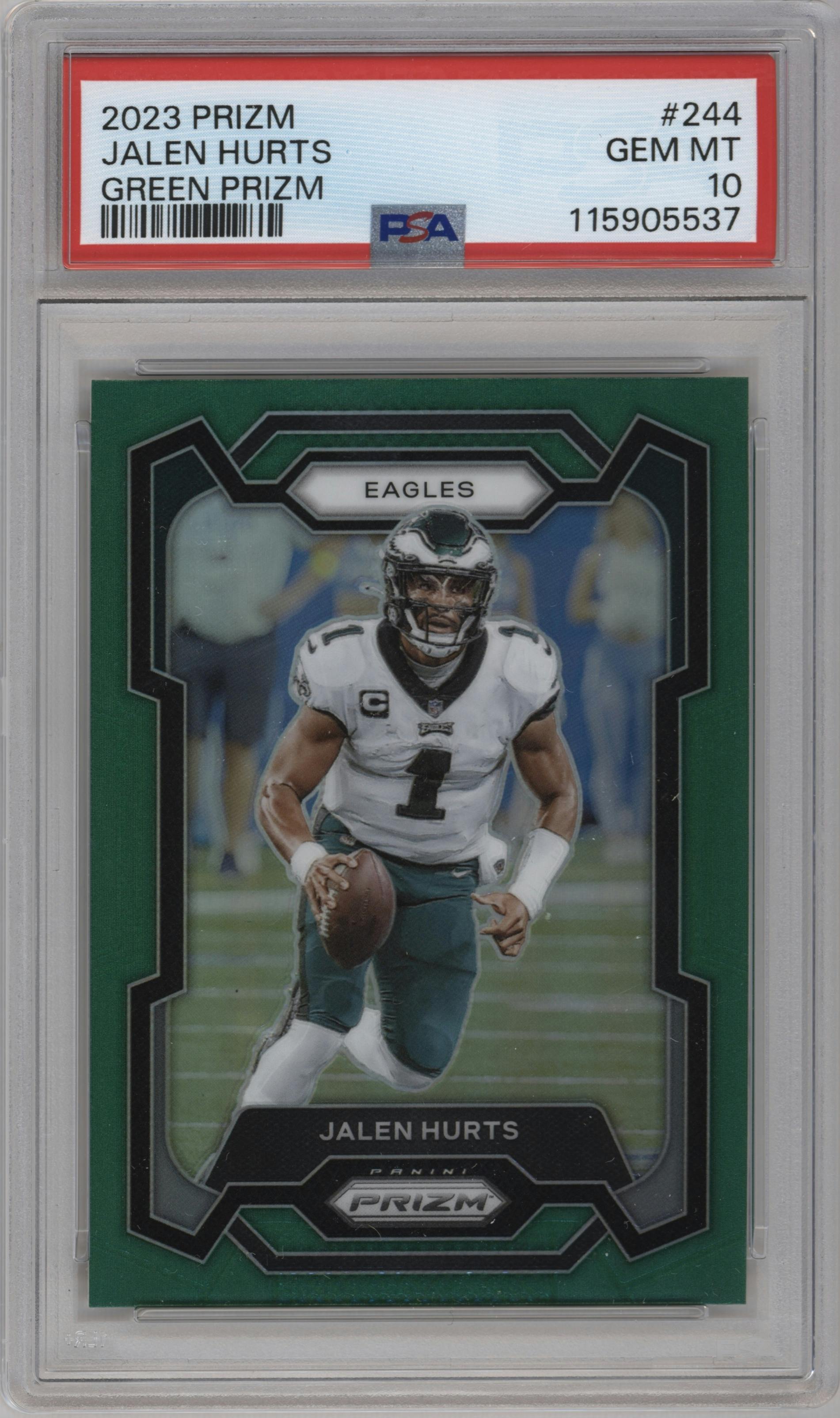 Jalen Hurts from the 2023 Panini Prizm set featuring a Green Prizm parallel graded by PSA and given an overall grade of 10.