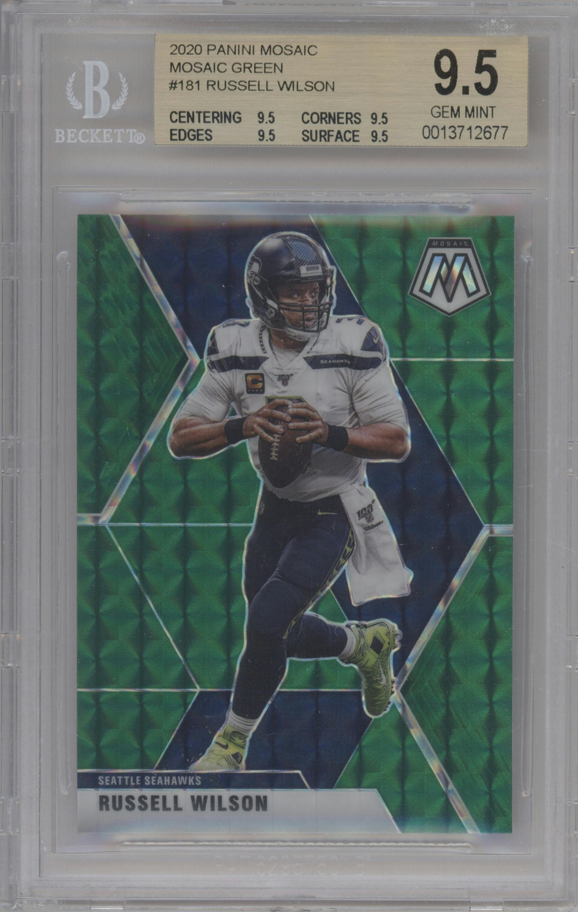 Russell Wilson from the 2020 Panini Mosaic set featuring a Green Mosaic parallel graded by Beckett and given an overall grade of 9.5.