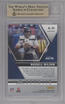 Russell Wilson from the 2020 Panini Mosaic set featuring a Green Mosaic parallel graded by Beckett and given an overall grade of 9.5.