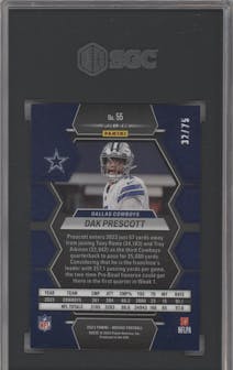 Dak Prescott from the 2023 Panini Mosaic set featuring a No Huddle Blue parallel graded by SGC and given an overall grade of 10.