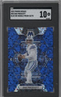Dak Prescott from the 2023 Panini Mosaic set featuring a No Huddle Blue parallel graded by SGC and given an overall grade of 10.