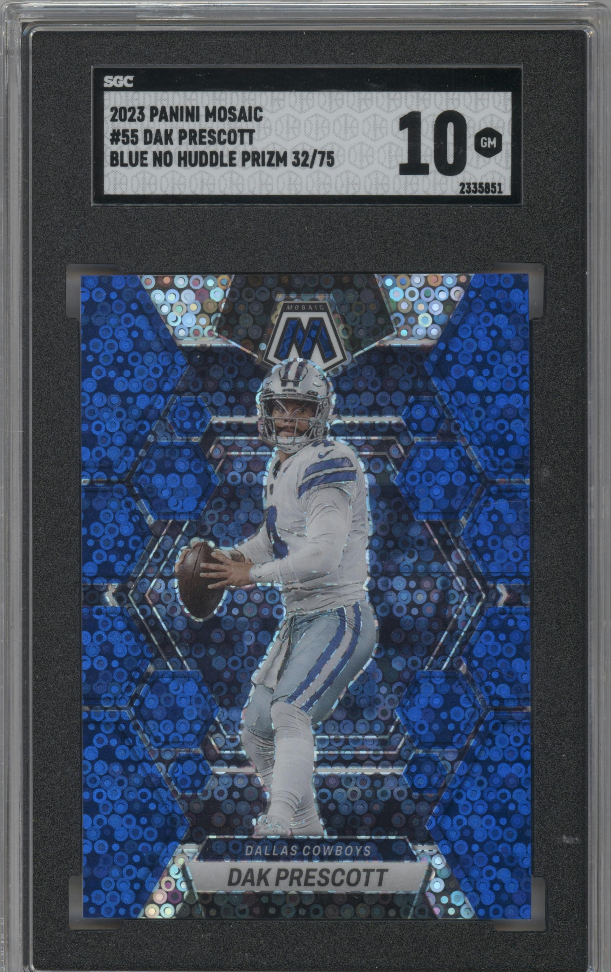 Dak Prescott from the 2023 Panini Mosaic set featuring a No Huddle Blue parallel graded by SGC and given an overall grade of 10.