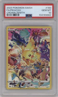 Pikachu  from the 2023 Pokemon SWSH set graded by PSA and given an overall grade of 10.