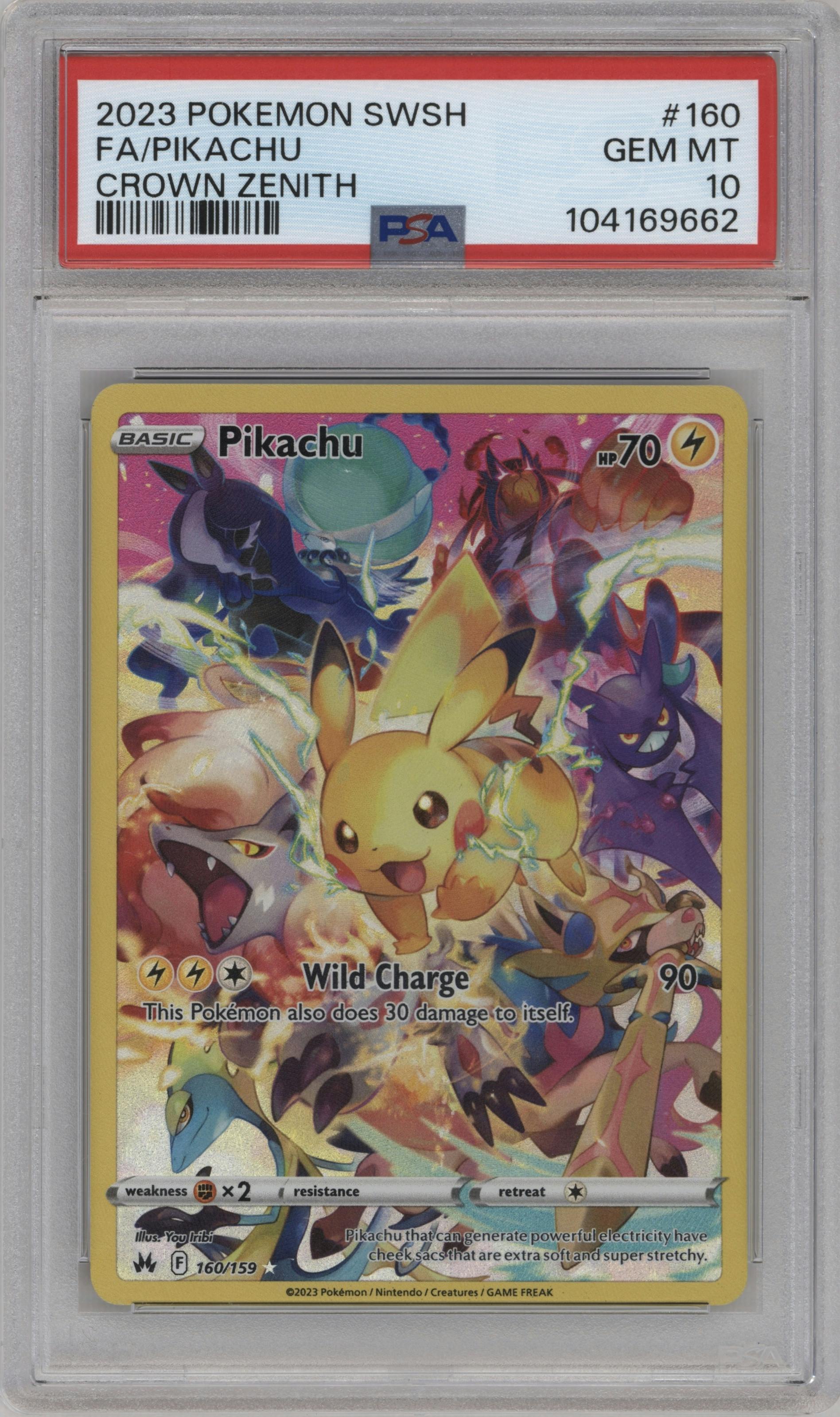 Pikachu  from the 2023 Pokemon SWSH set graded by PSA and given an overall grade of 10.