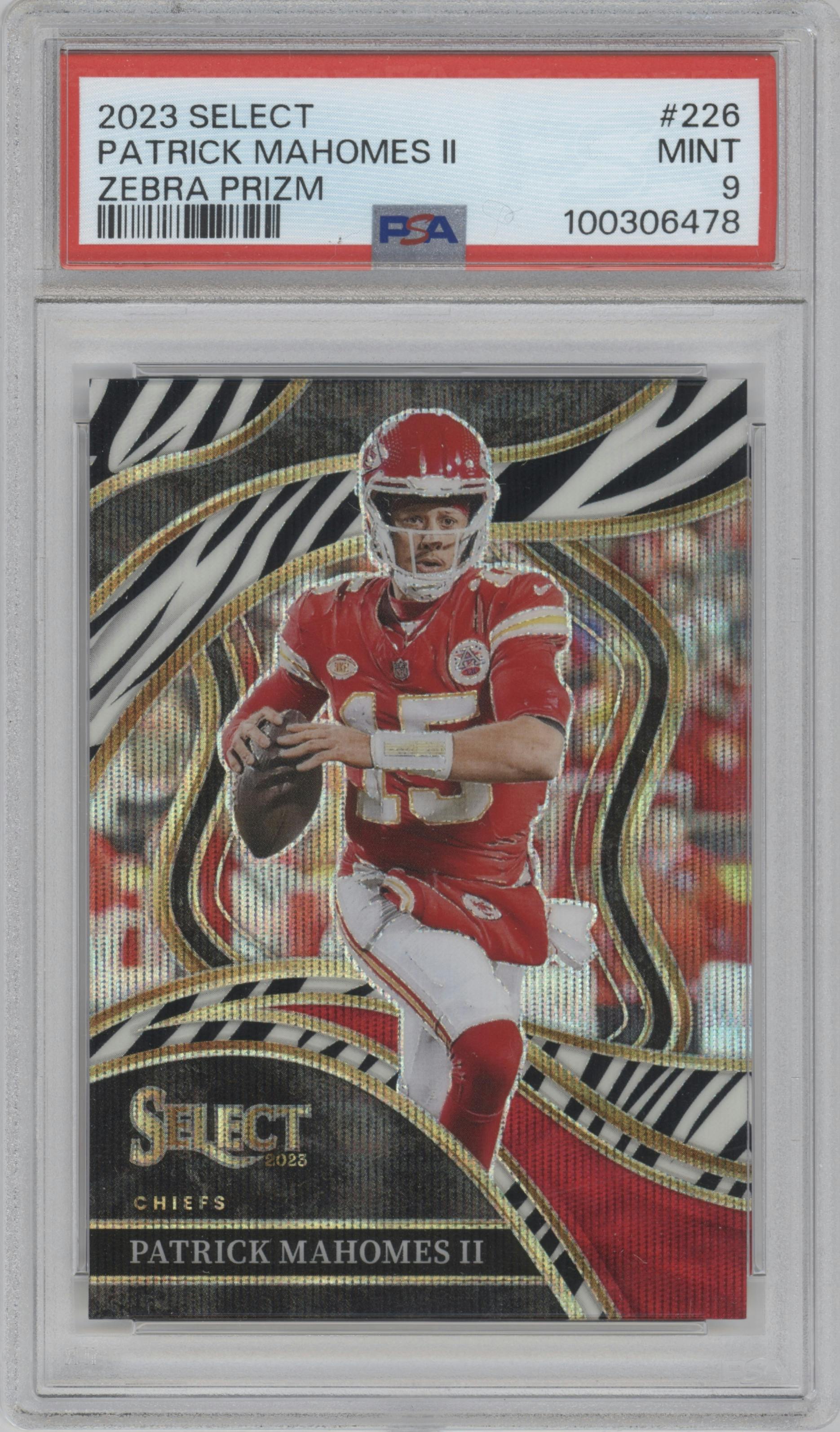Patrick Mahomes II from the 2023 Panini Select set featuring a Zebra parallel graded by PSA and given an overall grade of 9.