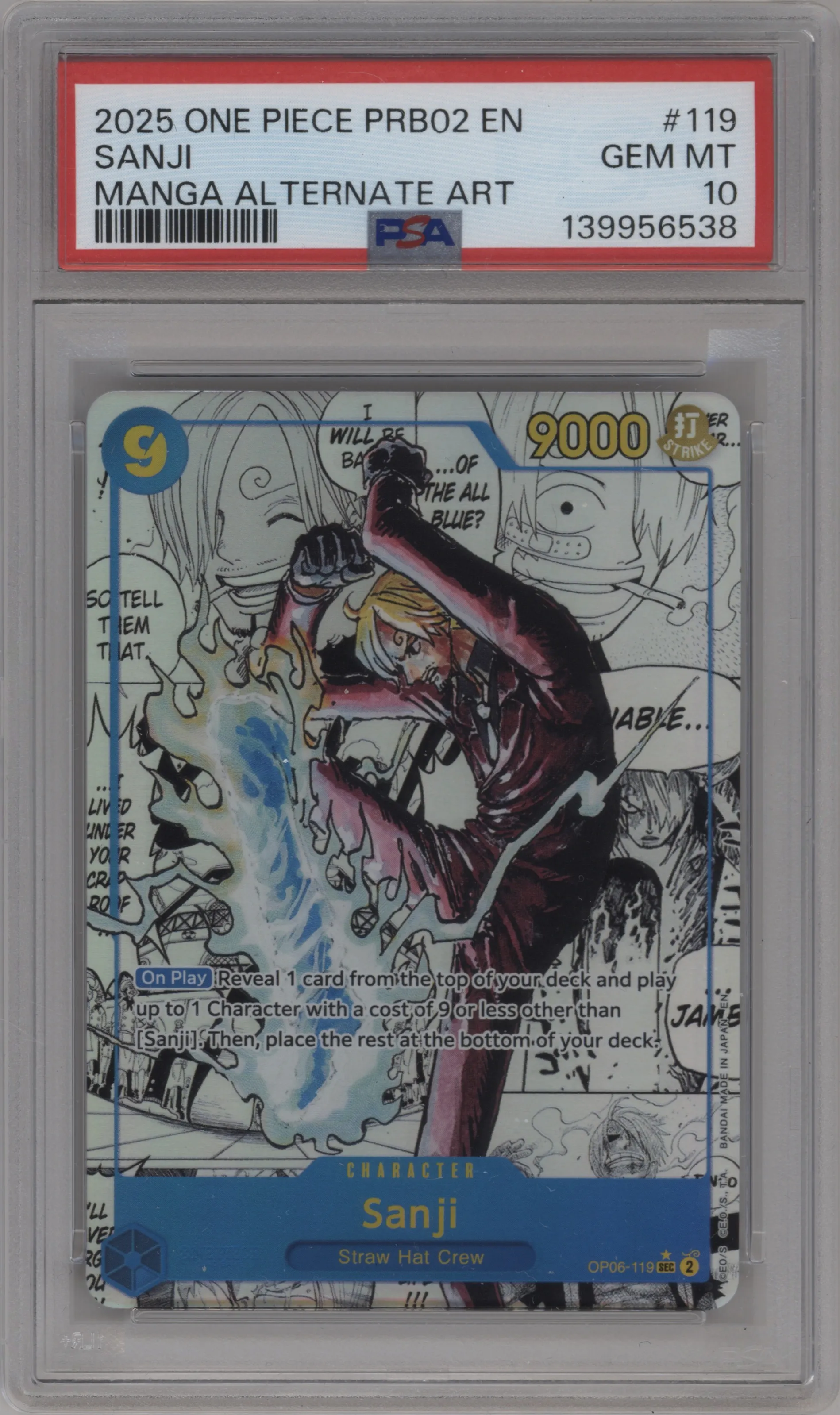 Sanji from the 2025 One Piece set featuring a Manga Alt Art parallel graded by PSA and given an overall grade of 10.