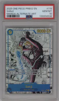 Sanji from the 2025 One Piece set featuring a Manga Alt Art parallel graded by PSA and given an overall grade of 10.
