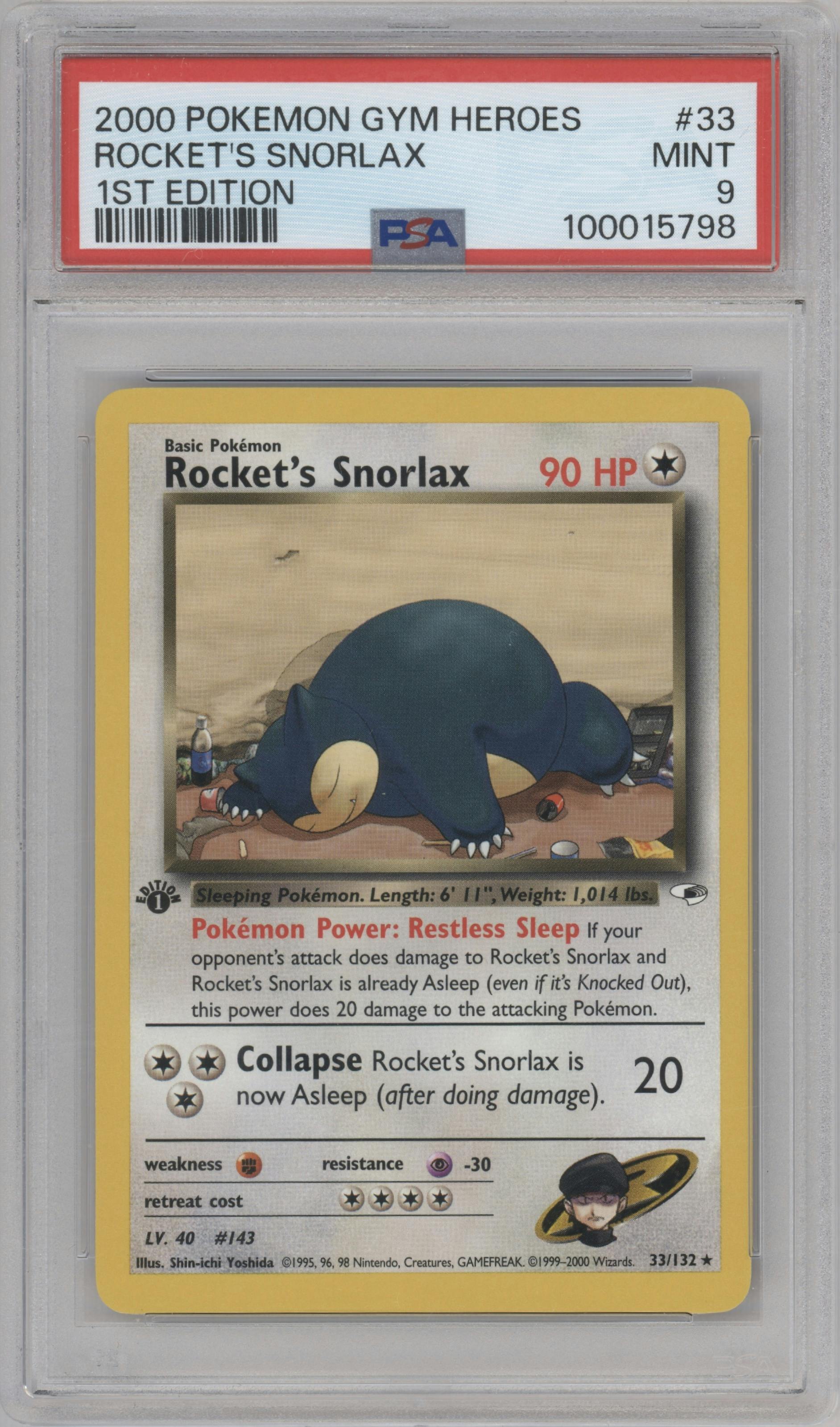 Rocket's Snorlax from the 2000 Pokemon GH set graded by PSA and given an overall grade of 9.