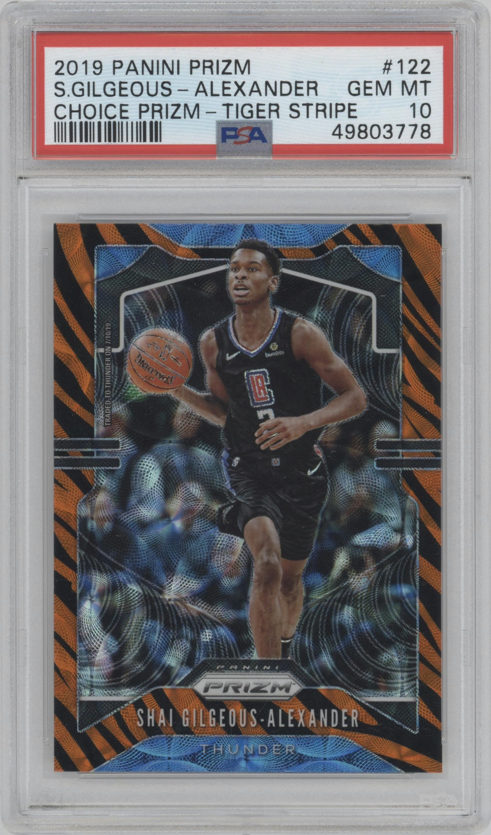Shai Gilgeous-Alexander from the 2019-20 Panini Prizm set featuring a Choice Tiger Stripe parallel graded by PSA and given an overall grade of 10.
