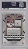 Isiah Pacheco from the 2022 Panini Prizm set featuring a Purple Prizm parallel graded by PSA and given an overall grade of 9.