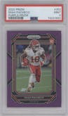 Isiah Pacheco from the 2022 Panini Prizm set featuring a Purple Prizm parallel graded by PSA and given an overall grade of 9.