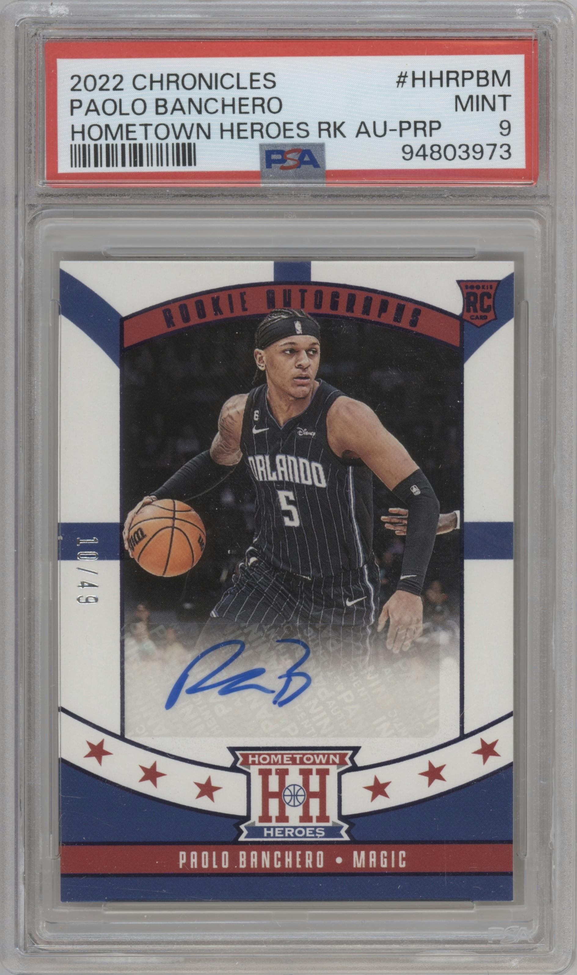 Paolo Banchero  from the 2022-23 Panini Chronicles  set featuring a Purple parallel graded by PSA and given an overall grade of 9.