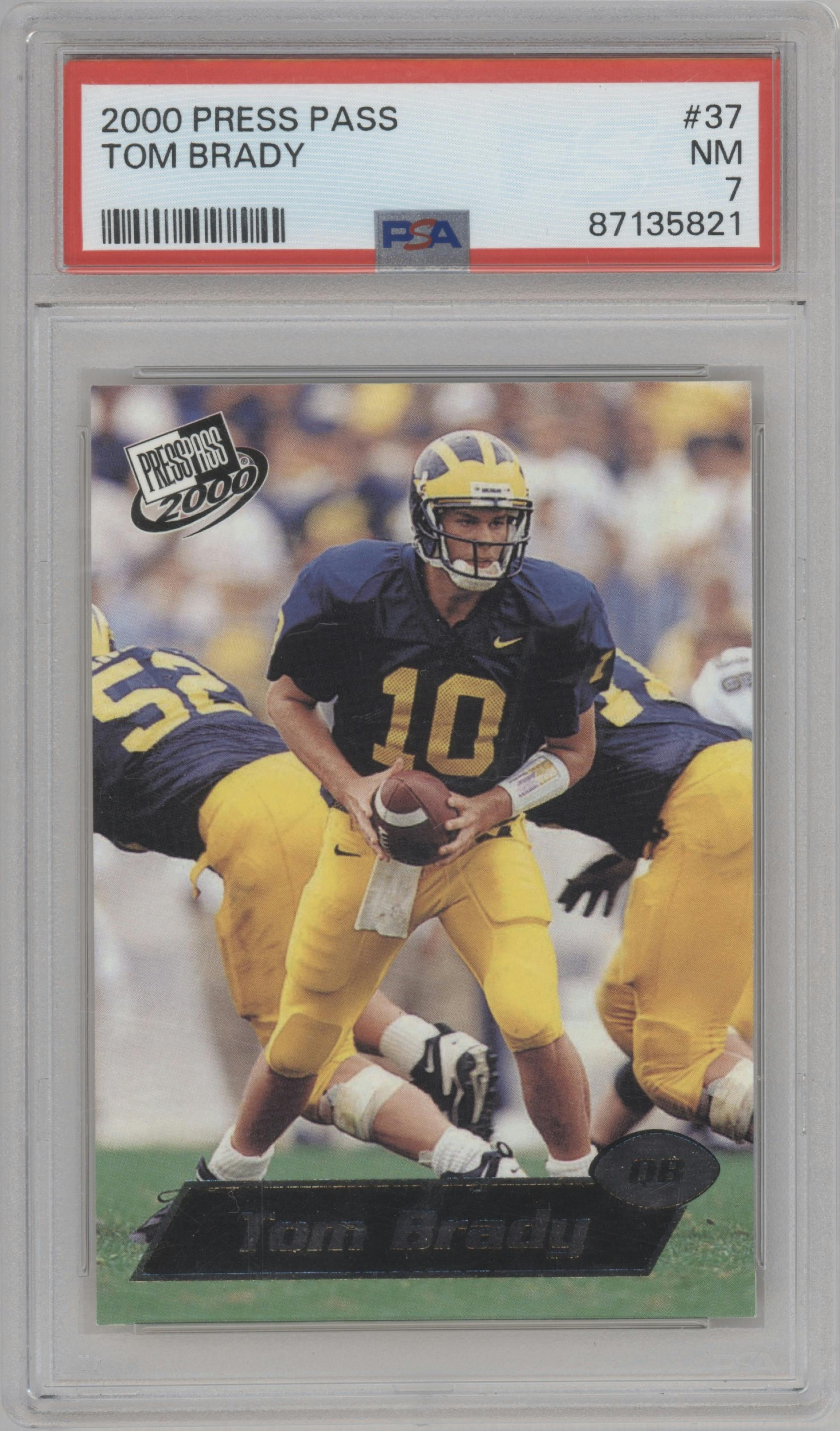 Tom Brady from the 2000 Press Pass set graded by PSA and given an overall grade of 7.