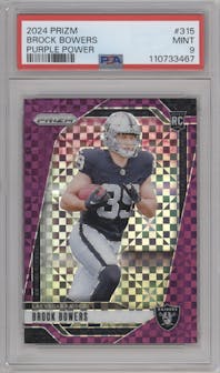 Brock Bowers from the 2024 Panini Prizm set featuring a Purple Power Prizm parallel graded by PSA and given an overall grade of 9.