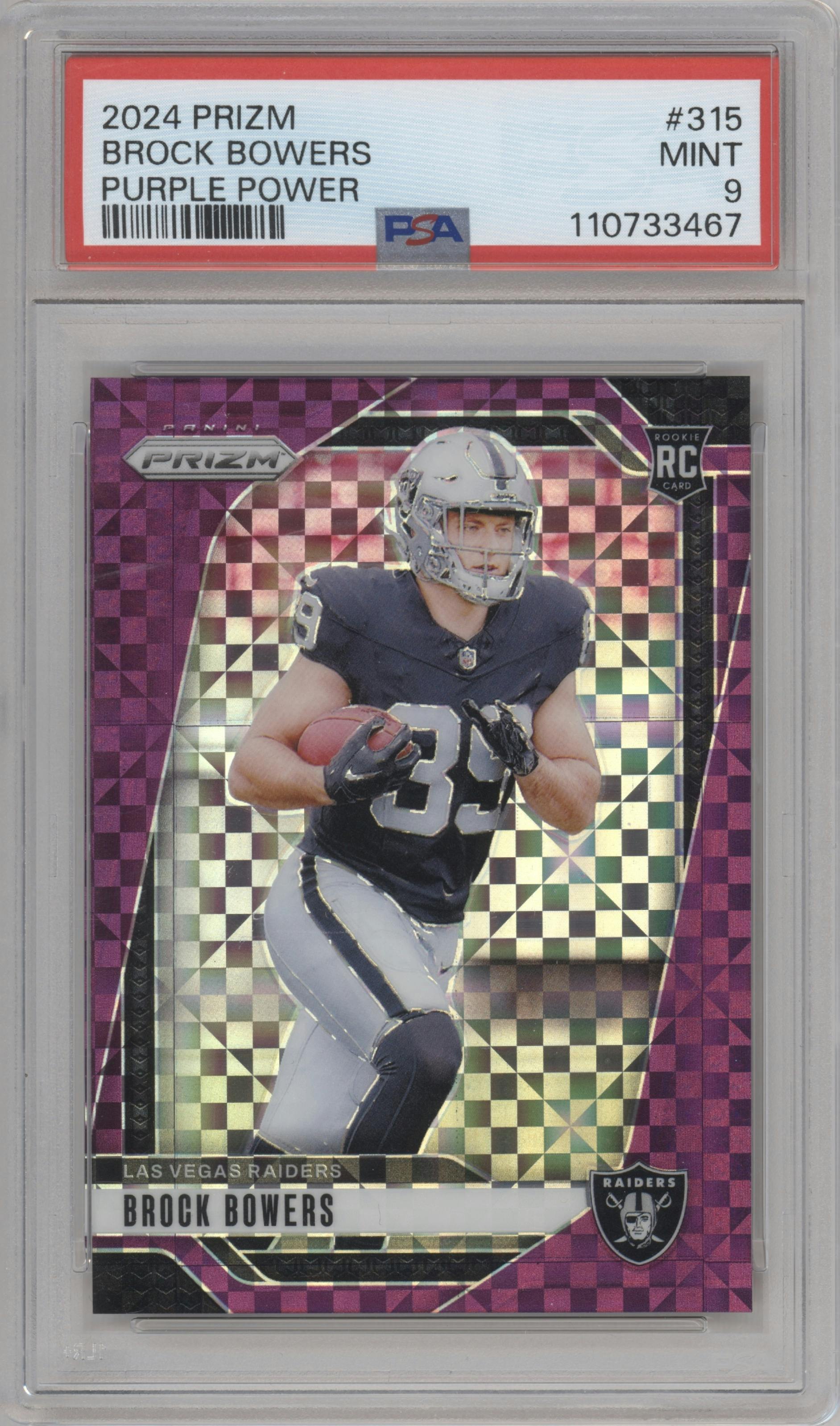 Brock Bowers from the 2024 Panini Prizm set featuring a Purple Power Prizm parallel graded by PSA and given an overall grade of 9.