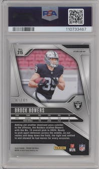 Brock Bowers from the 2024 Panini Prizm set featuring a Purple Power Prizm parallel graded by PSA and given an overall grade of 9.